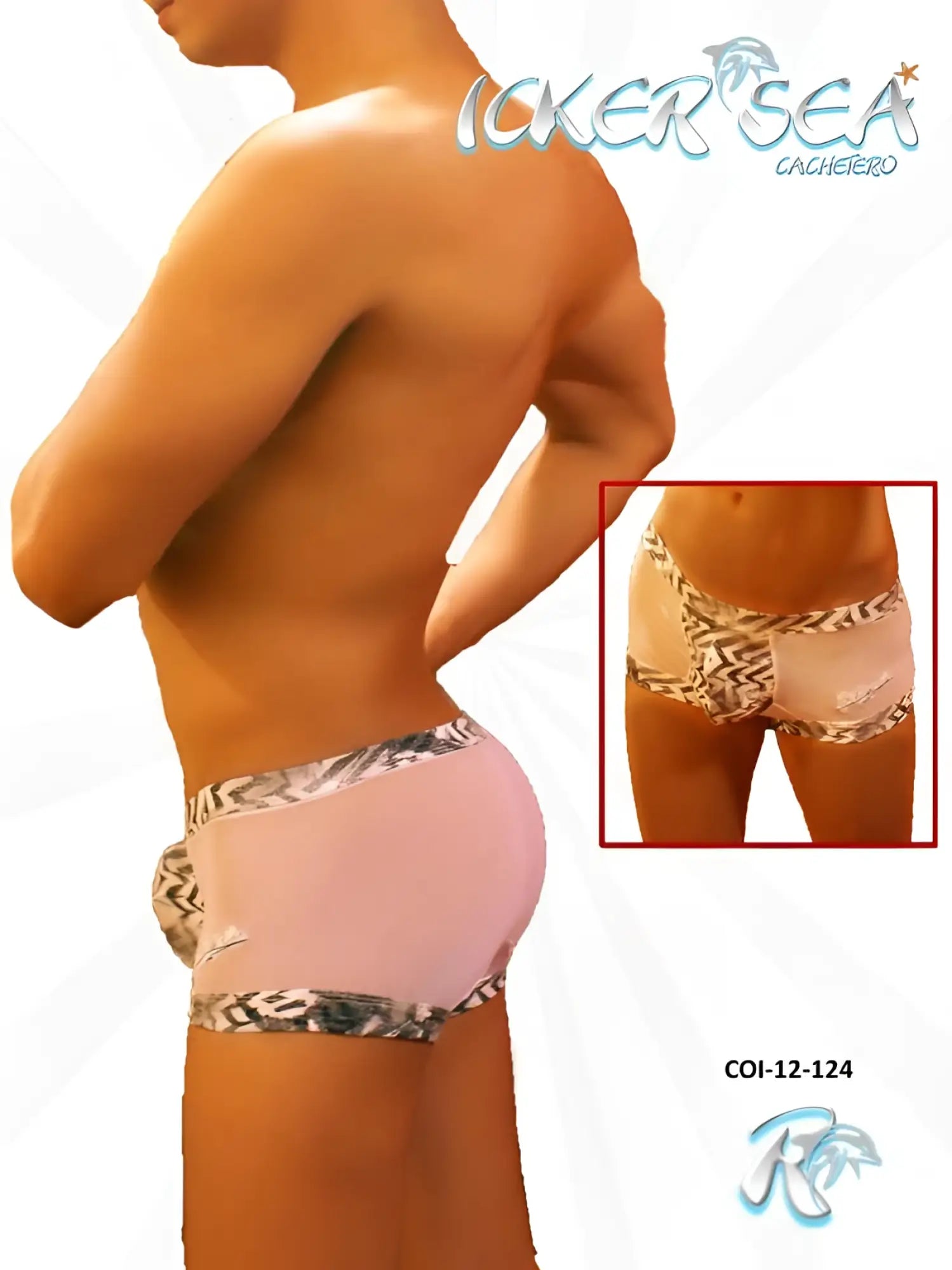 Pink icker sea zebra mesh boxer brief underwear with black and white geometric waistband and leg openings