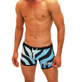 Icker Sea zebra swimwear blue cob-19-05 blue and black zebra-striped open side suspender scalloped shorts with white drawstring