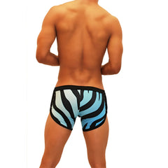 Icker Sea Zebra open side suspender scalloped swim trunks with blue and black zebra stripes in sleek modern design