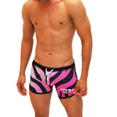Icker Sea zebra open side suspender scalloped shorts swimwear in vibrant pink and black zebra print with white drawstring