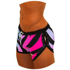 Icker Sea Zebra open side suspender scalloped swim shorts in vibrant pink and black zebra print with lavender accents