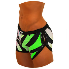 Icker Sea zebra open side suspender scalloped shorts swimwear in vibrant neon green and black zebra stripes with pink accents
