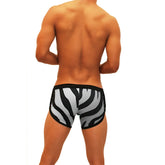 Icker Sea Zebra open side suspender scalloped shorts swimwear in black and white zebra stripes with a snug fit
