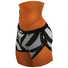 Icker Sea zebra open side suspender scalloped shorts swimwear grey black and gray zebra-striped swim shorts with black waistband and white drawstring