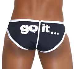Black icker sea zipper back pas slip bikini swimwear with white go it text and trim on swim trunks back side