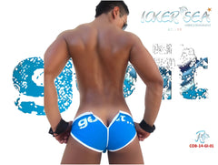 Back view of icker sea zipper back PAS slip bikini swimwear in blue with white trim and playful graphic on swim trunks
