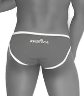 Gray briefs with white trim and subtle logo on waistband part of icker sea zipper front act slip bikini swimwear pink cob-13-22