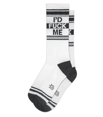 White athletic crew socks with black stripes and bold text I’d fuck me across the calf with dark gray toe and heel