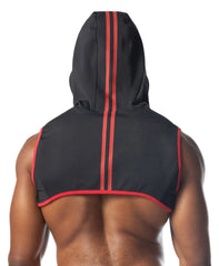 Back side of black ignite cropped hoodie with red stripes down the back and along the armholes