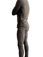 Thermal v-neck long sleeve army green two-piece set with fitted top and slim-fit pants in charcoal gray with seam details