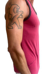 A vibrant raspberry tank top with black trim along the neckline and armholes called the perfect tank