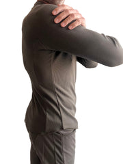A dark olive green ribbed thermal v neck long sleeve shirt with fitted athletic cut