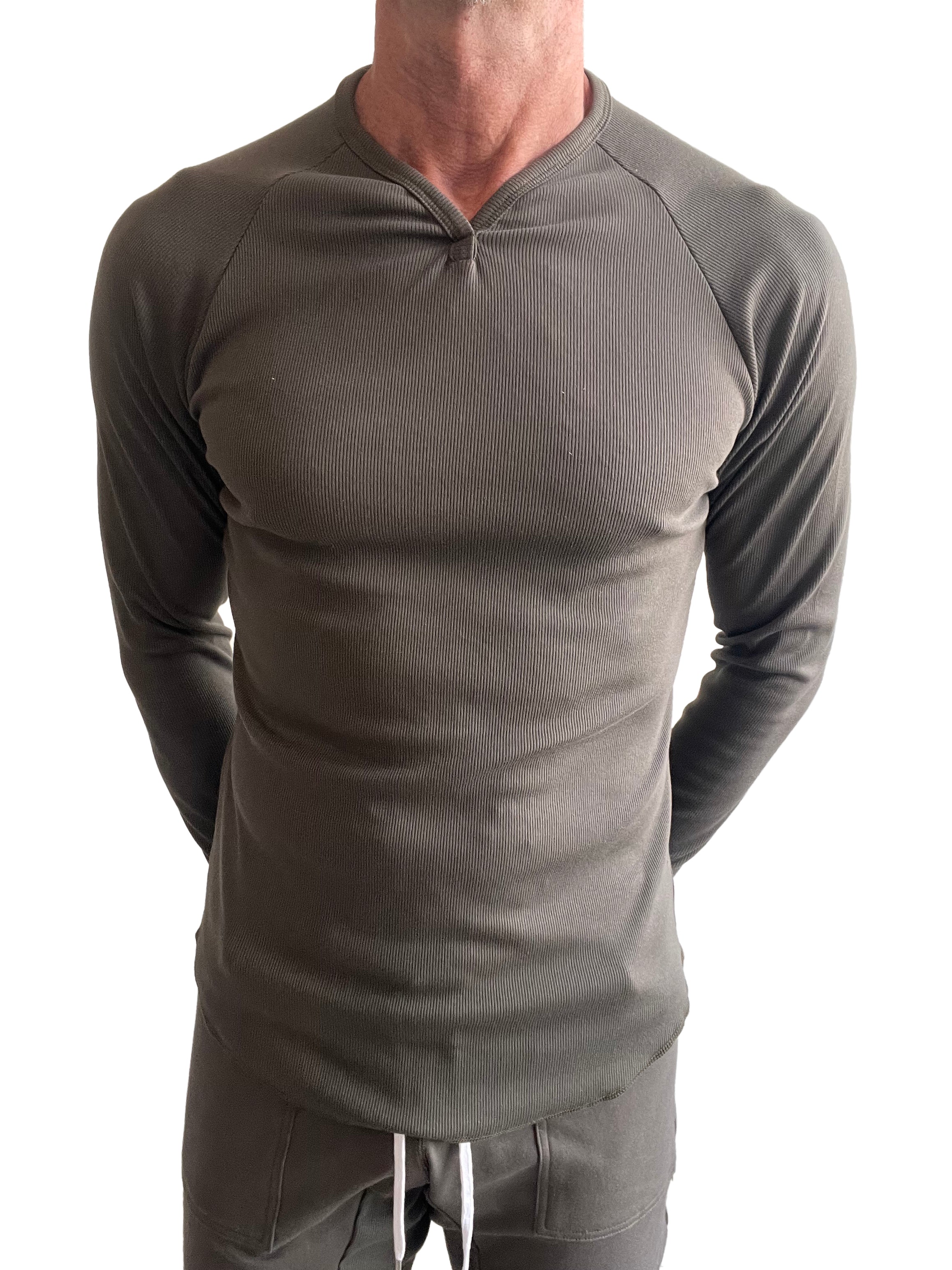 A sleek olive green thermal v neck long sleeve shirt with ribbed fitted design for layering and warmth