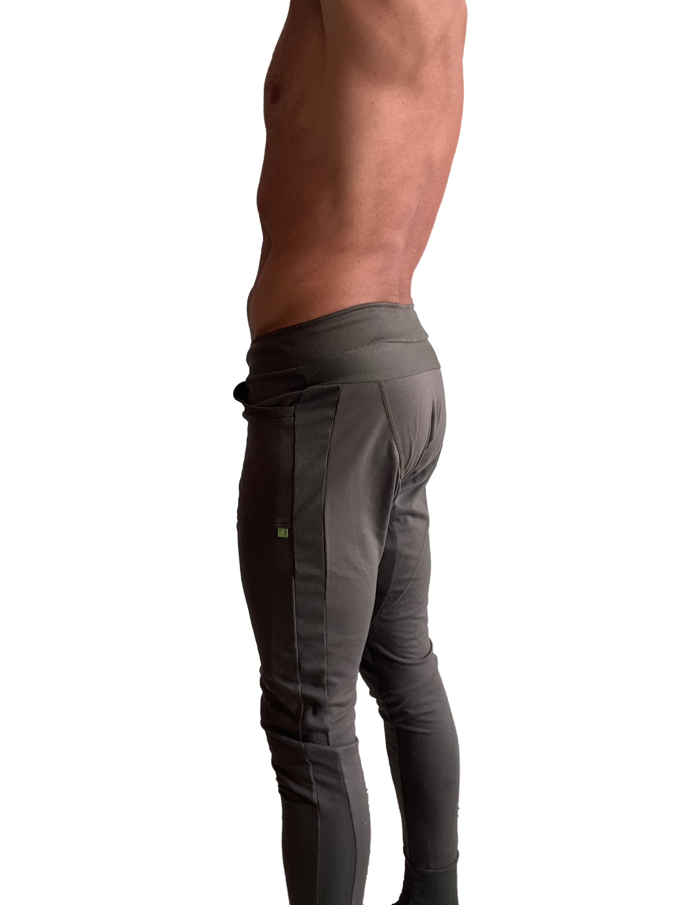 Long cuffed jogger and yoga sweat pants in army green with slim fit dark gray athletic pants and vertical seam detailing