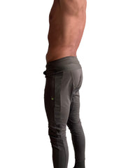 Long cuffed jogger and yoga sweat pants in army green with slim fit dark gray athletic pants and vertical seam detailing