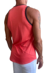 A vibrant coral sleeveless tank top with black trim along the neckline and armholes from the perfect tank coral line