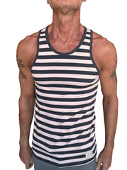 Yummy nautical fleece sustain tank top in black and white stripe featuring ribbed neckline and armholes