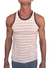 A men’s light gray stripe yokmun nautical fleece sustain tank top with cream and gray stripes and black ribbed edges