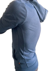 Performance premium form-fit crossover yoga track hoodie in coral blue heather with subtle texture and orange tag