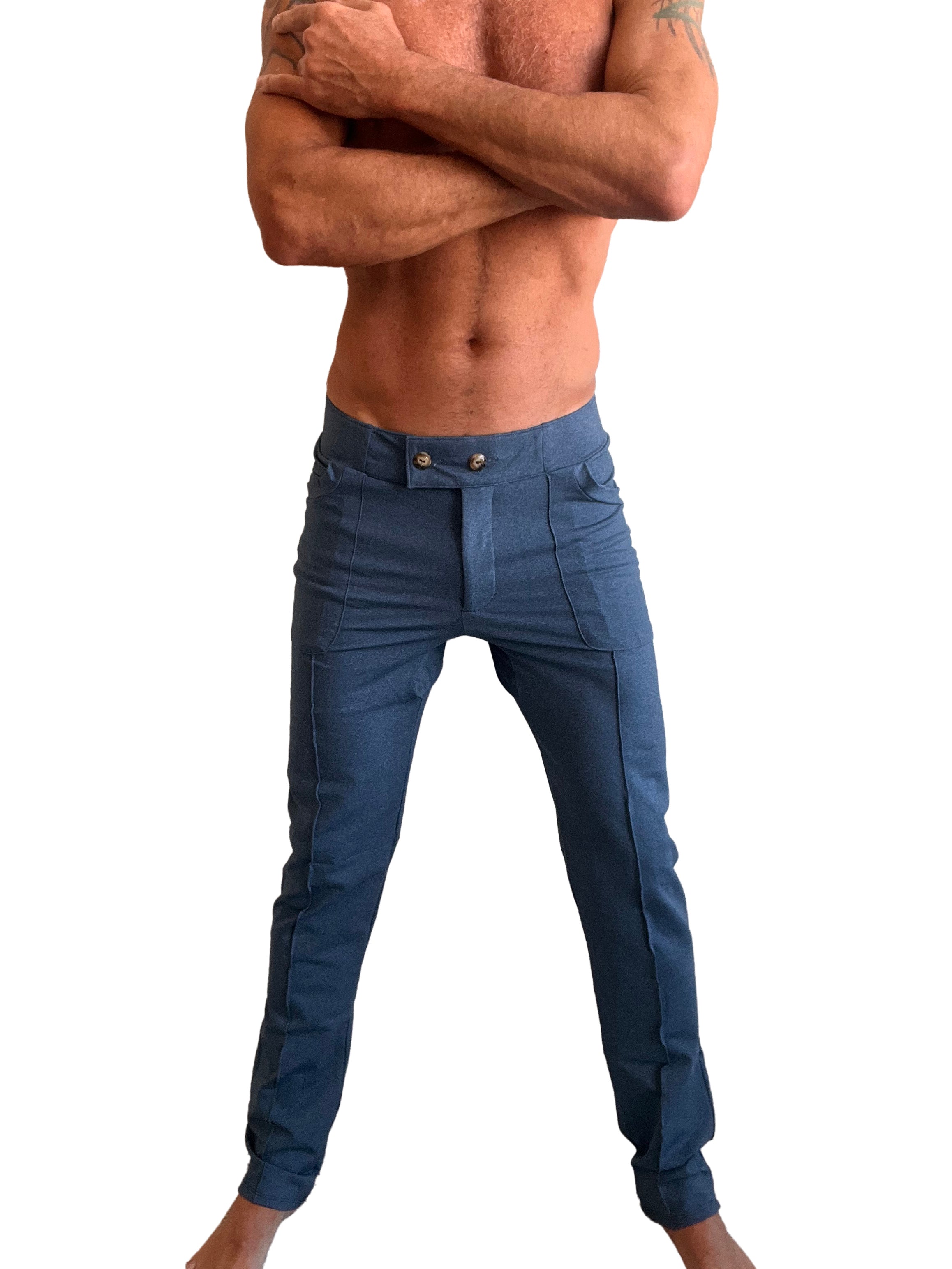 Performance premium tactical urban dress pant in coral blue heather denim with tailored fit and gold-toned buttons