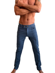 Performance premium tactical urban dress pant in coral blue heather denim with tailored fit and gold-toned buttons