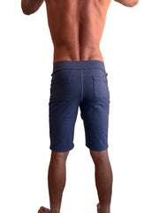 Performance premium urban tactical dress shorts navy blue heather back side showing elastic waistband and two pockets
