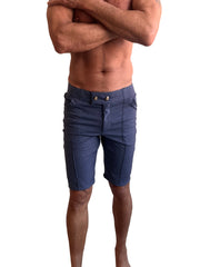 Performance premium urban tactical dress shorts in navy blue heather with front pockets and silver button closures