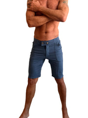 Performance premium urban tactical dress shorts in coral blue heather with buttoned fly and side pockets