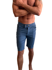 Performance premium urban tactical dress shorts in coral blue heather with tailored fit and silver button closures