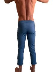 Performance premium mens coral blue heather stretchy yoga pants with high-waisted elastic band and cropped length