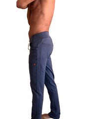 Performance premium long cuffed jogger and yoga sweat pants in navy blue heather with stretchy fabric drawstring waistband and pockets