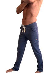 Performance premium long cuffed jogger and yoga sweat pants in navy blue heather with cream drawstring and side pockets