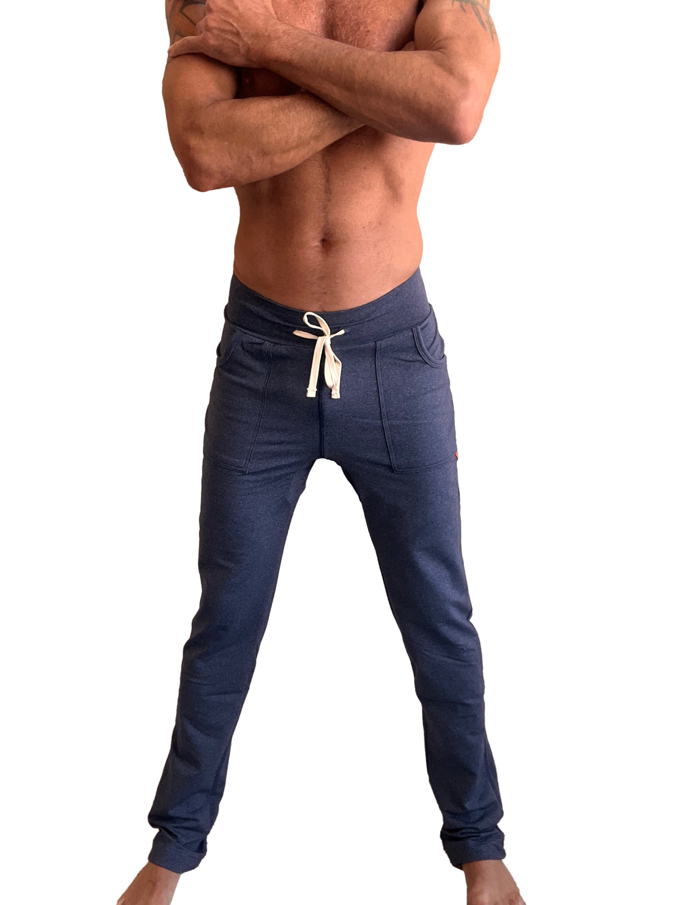 Navy blue heather premium long cuffed jogger pants with white drawstring waistband and two front pockets for performance