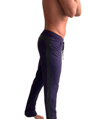 Eco-Track and yoga sweat pant in eggplant with charcoal black side panels and drawstring waistband for athletic wear