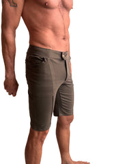 Olive green urban tactical cargo shorts with multiple pockets and button closure for casual home wear