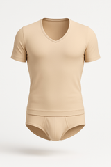 Beige v neck short-sleeved undershirt and matching briefs set by joe snyder in comfortable lightweight fabric