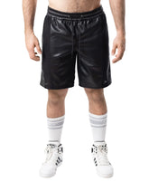 Intake classic short black faux leather shorts with drawstring waistband and side seam stitching front view