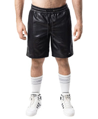 Intake classic short black faux leather shorts with drawstring waistband and side seam stitching front view