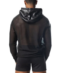 Intake hooded long sleeve black mesh hoodie with shiny faux leather hood front view