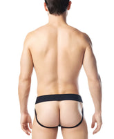 Black intake jockstrap men’s briefs with sleek minimalist design and form-fitting cut for comfortable support