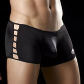 Intymen slots boxer brief underwear black size m with sleek vertical cutouts and subtle white logo on lower right leg