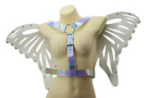 Iridescent butterfly wings harness with metallic silver wings and adjustable straps for wearable costume accessory