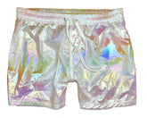 Iridescent rave shorts with a shiny reflective surface shifting between white pink and gold hues