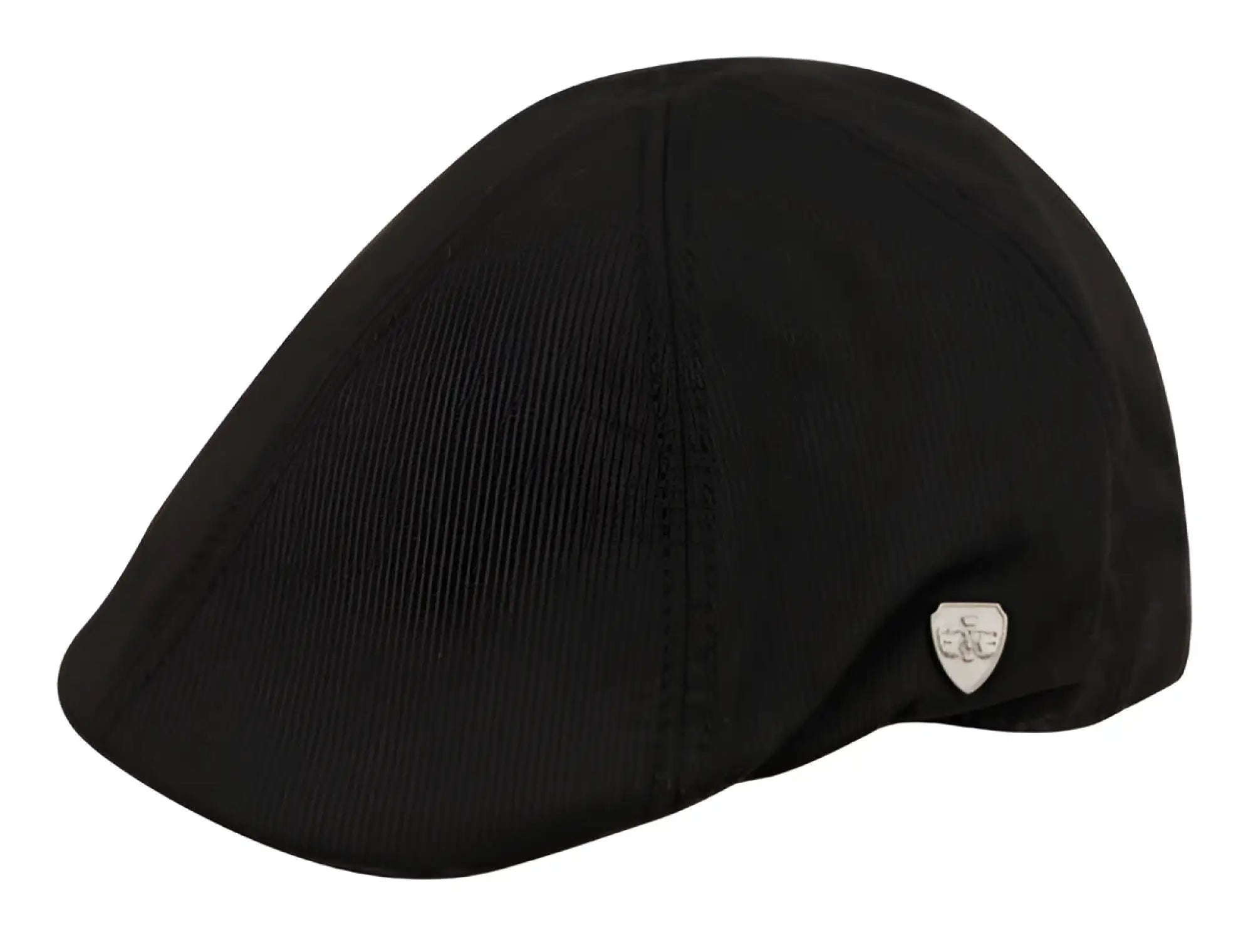 Black ivy cap with subtle texture and small silver shield emblem on the side made from soft fabric