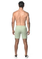 Light green jacquard printed stretch knit shorts with a subtle geometric pattern for casual wear