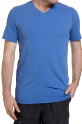 Jag essential v neck short sleeved cotton t shirt in vintage blue size medium shown from the front