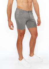 Gray jaquard stretch knit chino shorts with a subtle white polka dot pattern made from lightweight fabric