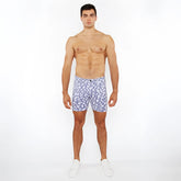 Blue floral-patterned men’s jaquard stretch knit shorts showcasing breathable fabric and comfortable fit
