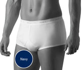 Navy blue jockey classic y-front briefs with white elastic waistband and branded logo in size 22 M90002