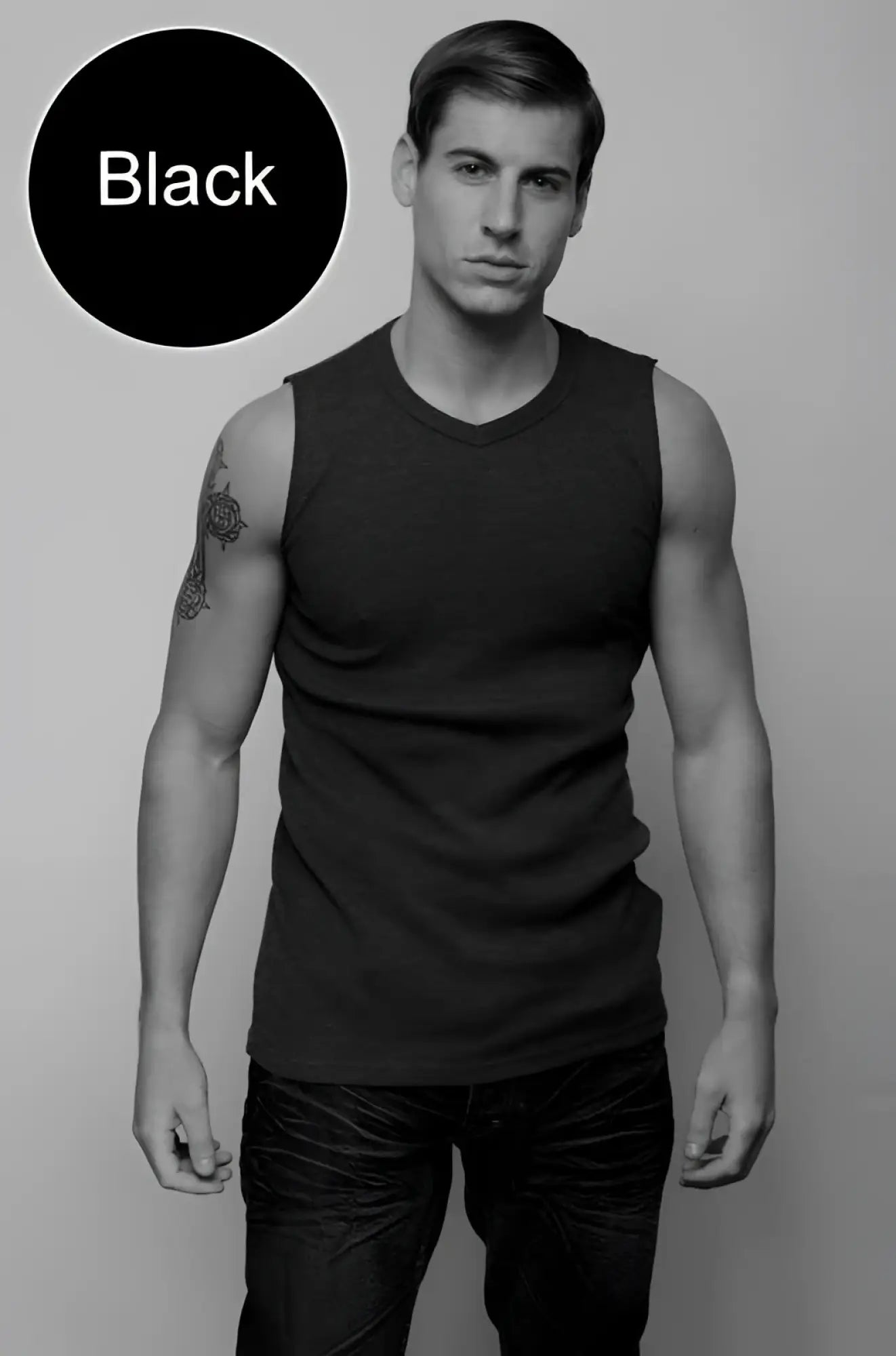 Black sleeveless jocko van v neck muscle top t shirt size large with v neckline made from breathable fabric